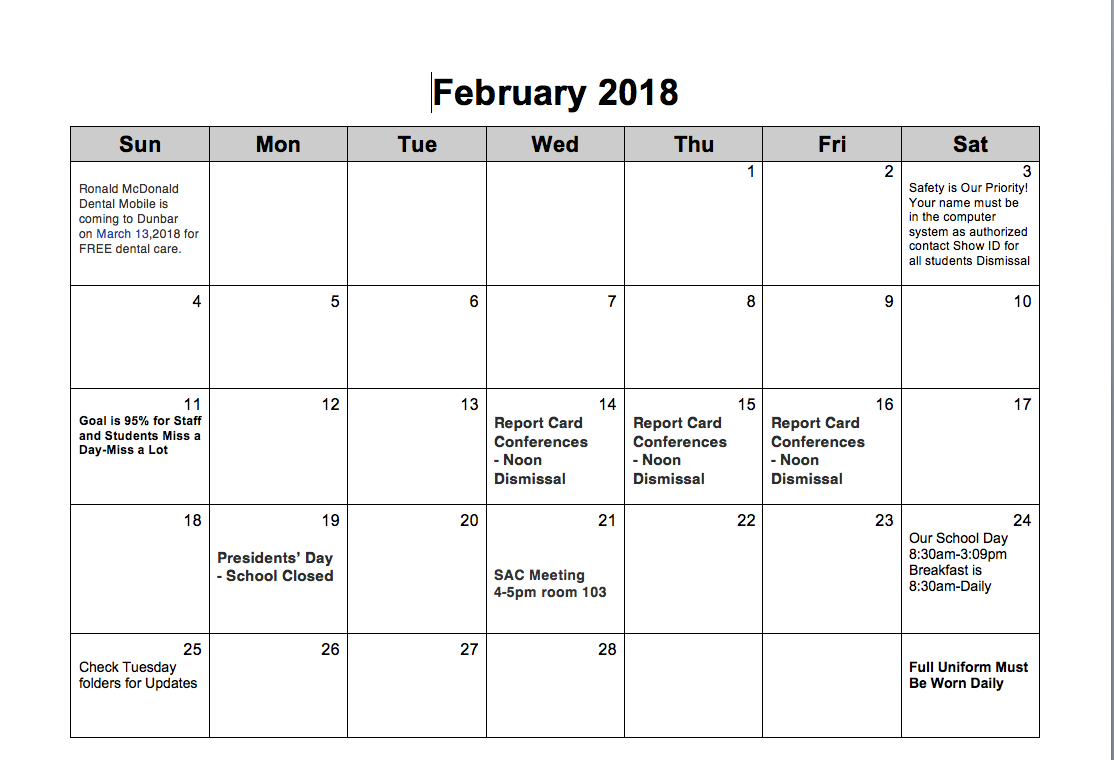 February 2018 Community Calendar