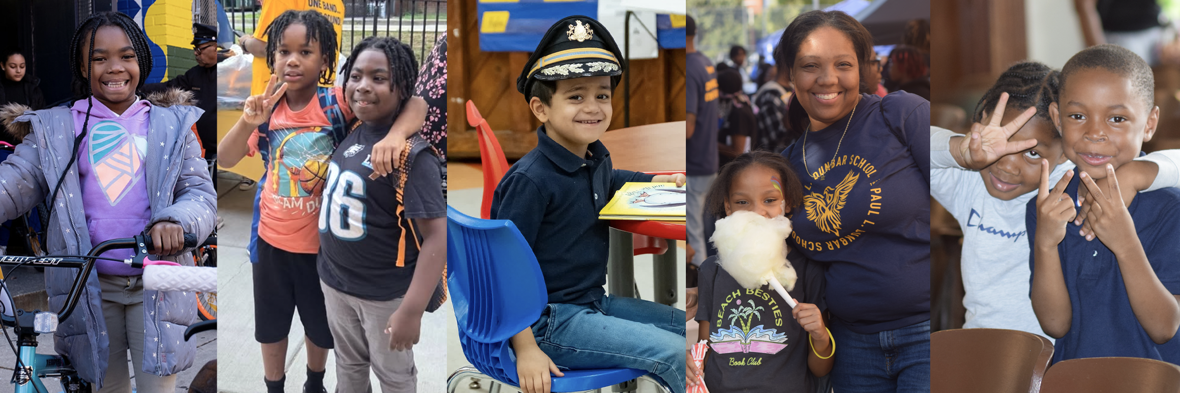 Collage of Paul L. Dunbar School students and families smiling, posing together, and participating in school activities.